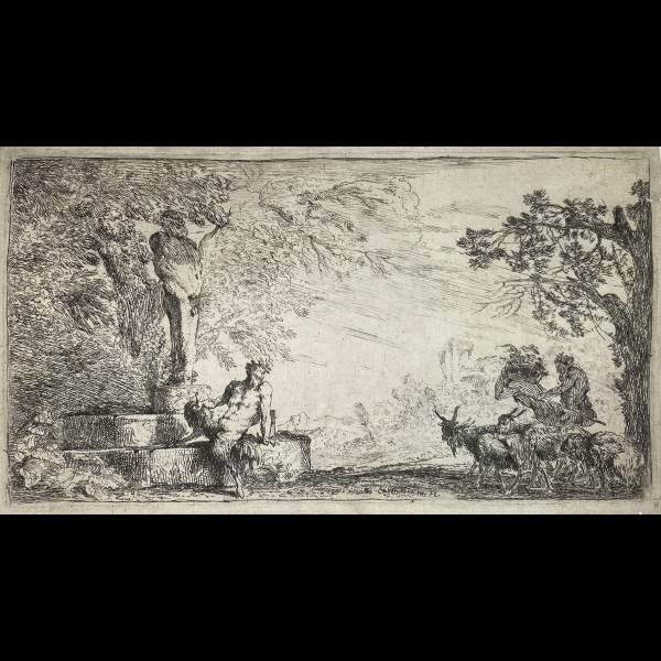 CASTIGLIONE GIOVANNI BENEDETTO (1609-1664) - SATYRE DEVANT UNE STATUE DE PRIAPE ET PAN ASSIS A COTE D' UN VASE