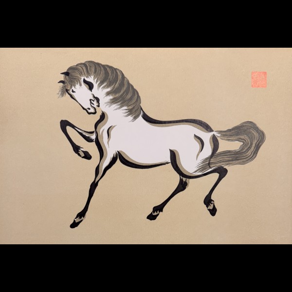 ARTISTE SOSAKU HANGA - CHEVAL SUR FOND BEIGE