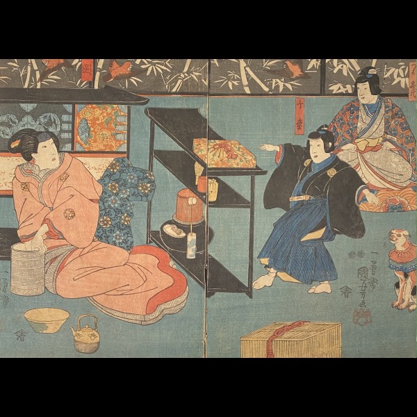 KUNIYOSHI UTAGAWA  ( 1798 – 1861) - LES ACTEURS DE KABUKI ONKICHI, SAIZABURO ET ONOE KIKUJIRO II