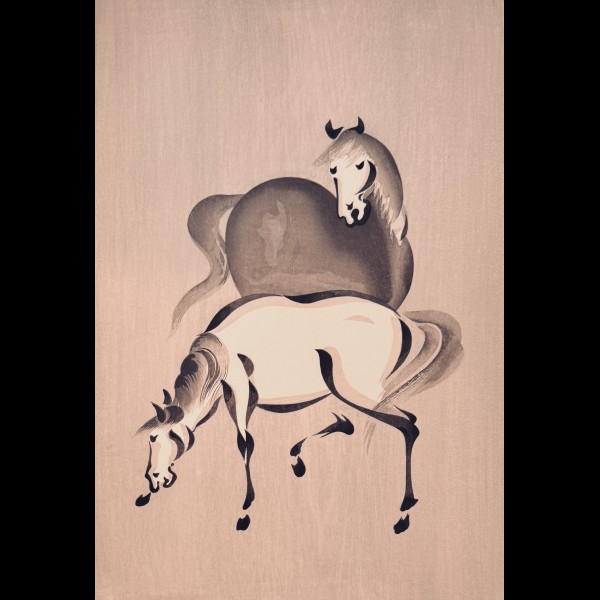 ARTISTE SOSAKU HANGA - CHEVAL GRIS ET CHEVAL BLANC