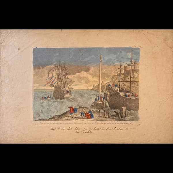 BASSET PAUL-ANDRE ( 1759-1829 )  - VUE PERSPECTIVE DU DEPART DE PLUSIEURS VAISSEAUX AU PORT D'ORAN SUR LA CÔTE DE LA BARBARIE