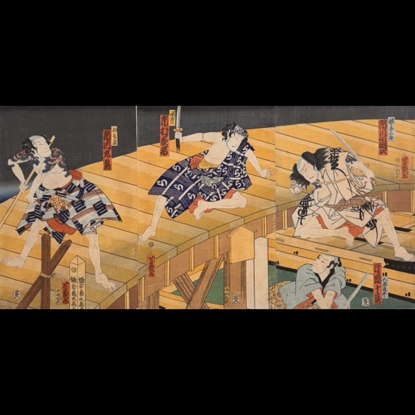 YOSHIIKU OCHIAI (1833~1904)  - TRIPTYQUE , SCENE DU KABUKI AVEC DES ACTEURS TATOUES